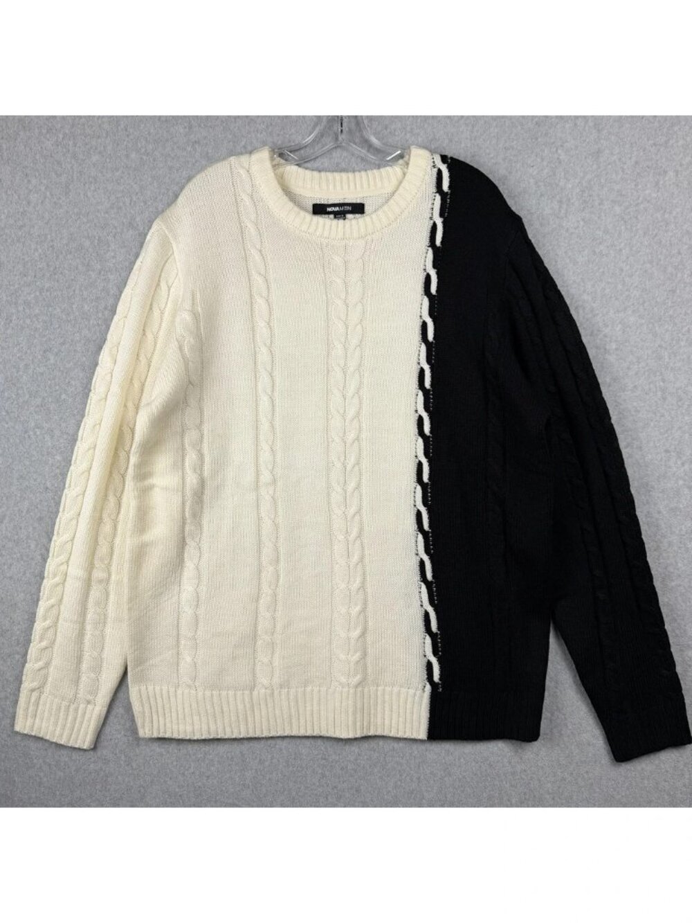 NovaMen Cody Cable Knit Sweater Mens XL Color block Black White Cream Pullover
